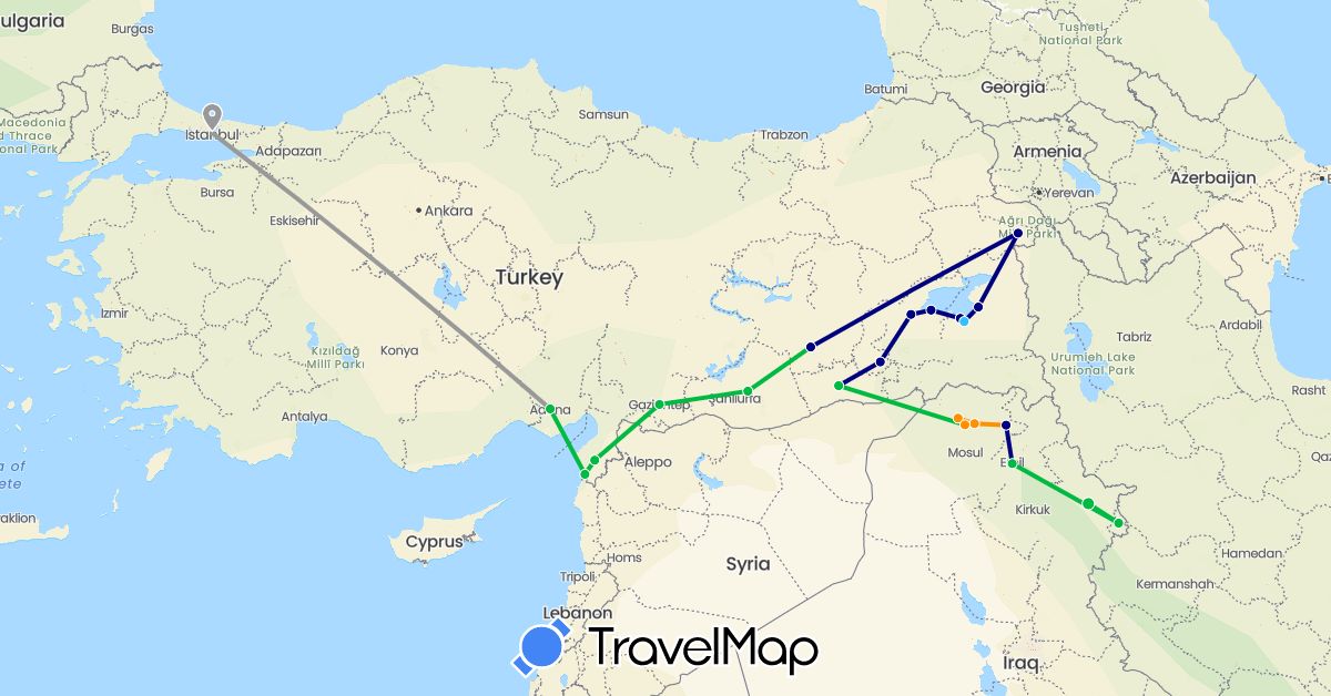 TravelMap itinerary: driving, bus, plane, boat, hitchhiking in Iraq, Turkey (Asia)
